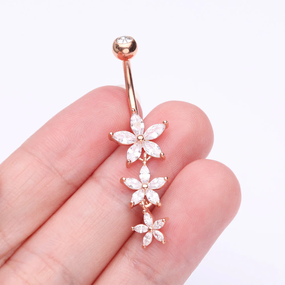 Rose Gold Grand Sparkle Triple Marquise Sparkle Belly Button Ring - Image 4