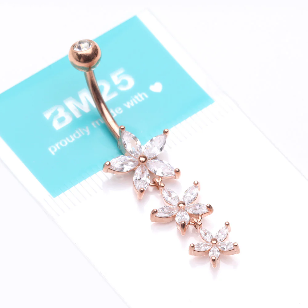 Rose Gold Grand Sparkle Triple Marquise Sparkle Belly Button Ring - Image 5