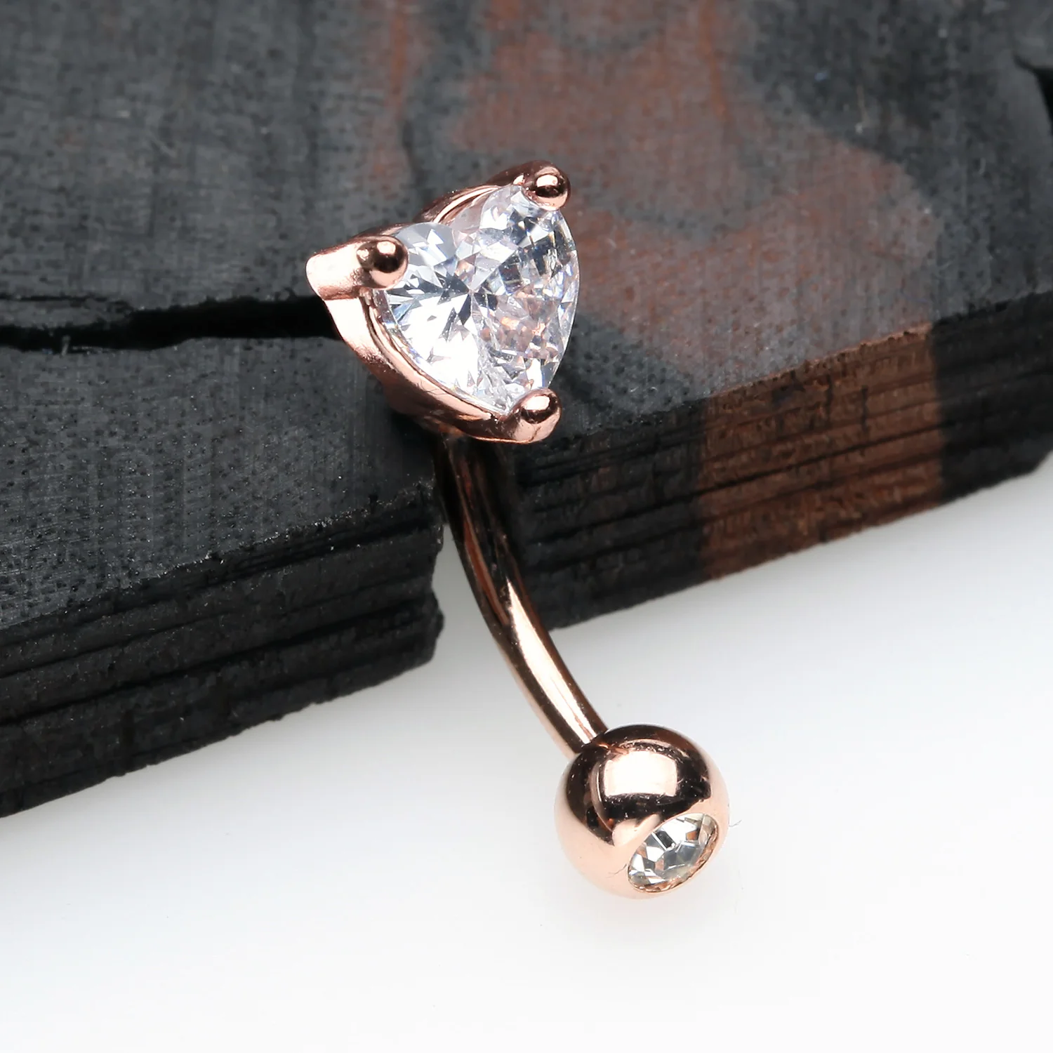 Rose Gold Heart Gem Sparkle Prong Curved Barbell - Image 2