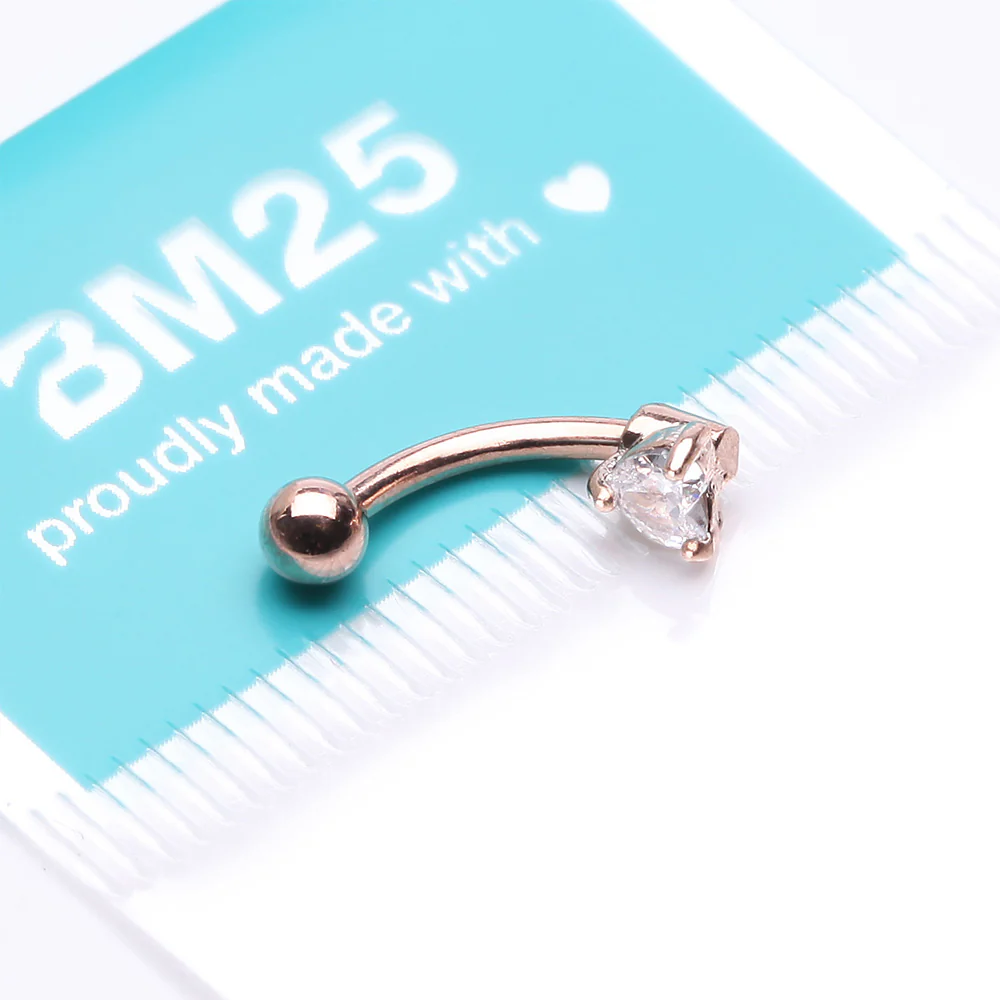 Rose Gold Heart Gem Sparkle Prong Curved Barbell - Image 4