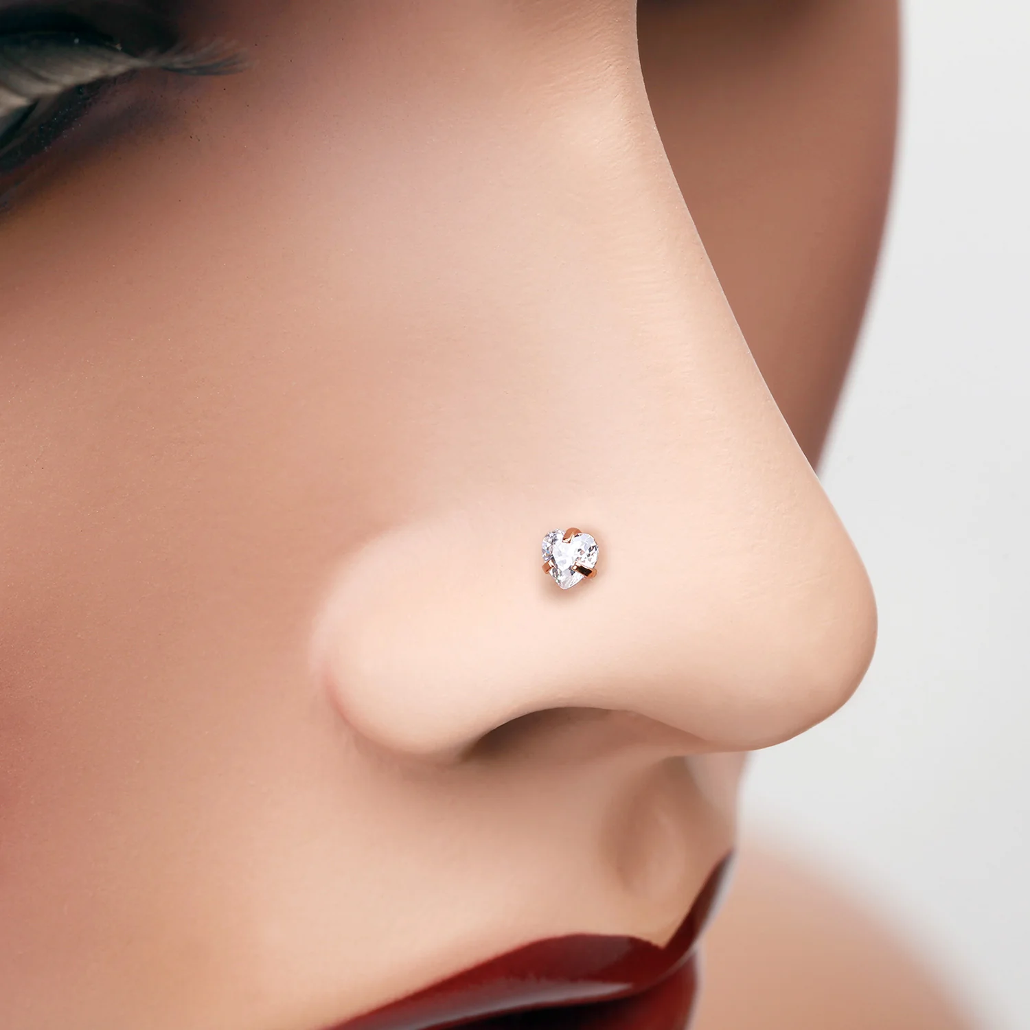 Rose Gold Heart Prong Set Gem Top L-Shaped Nose Ring - Image 2