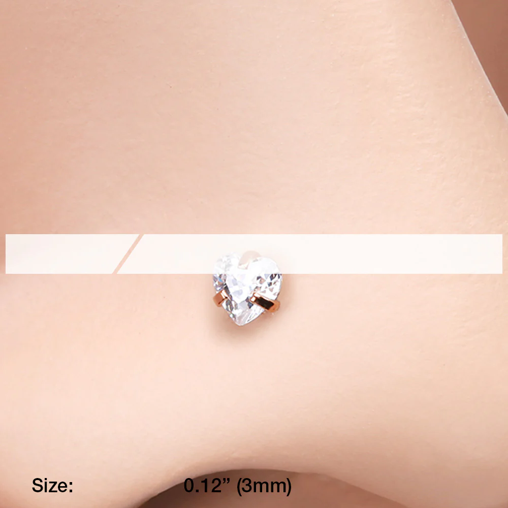 Rose Gold Heart Prong Set Gem Top L-Shaped Nose Ring - Image 3