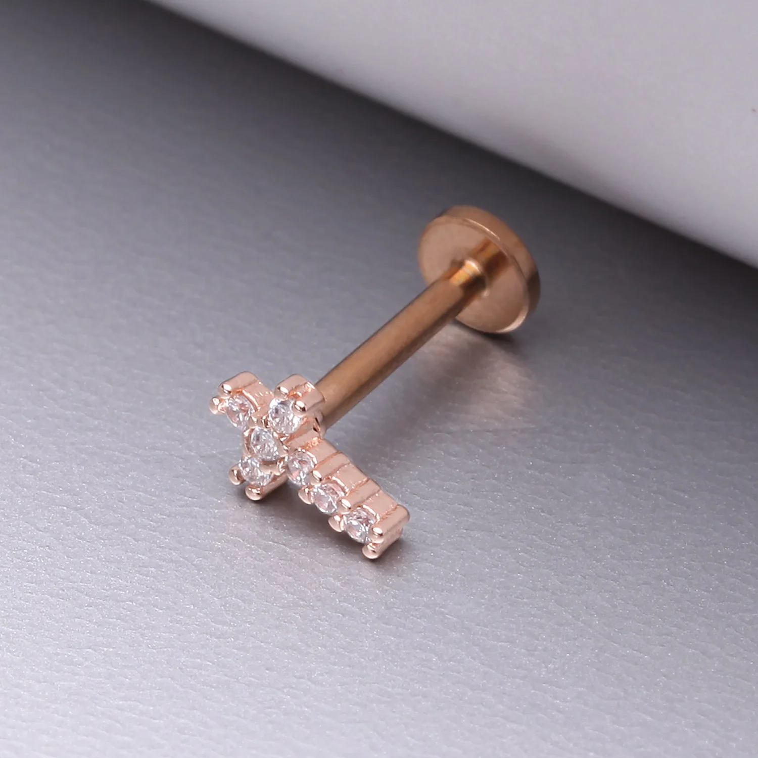 Rose Gold Holy Cross Sparkle Top Internally Threaded Steel Flat Back Stud Labret - Image 2