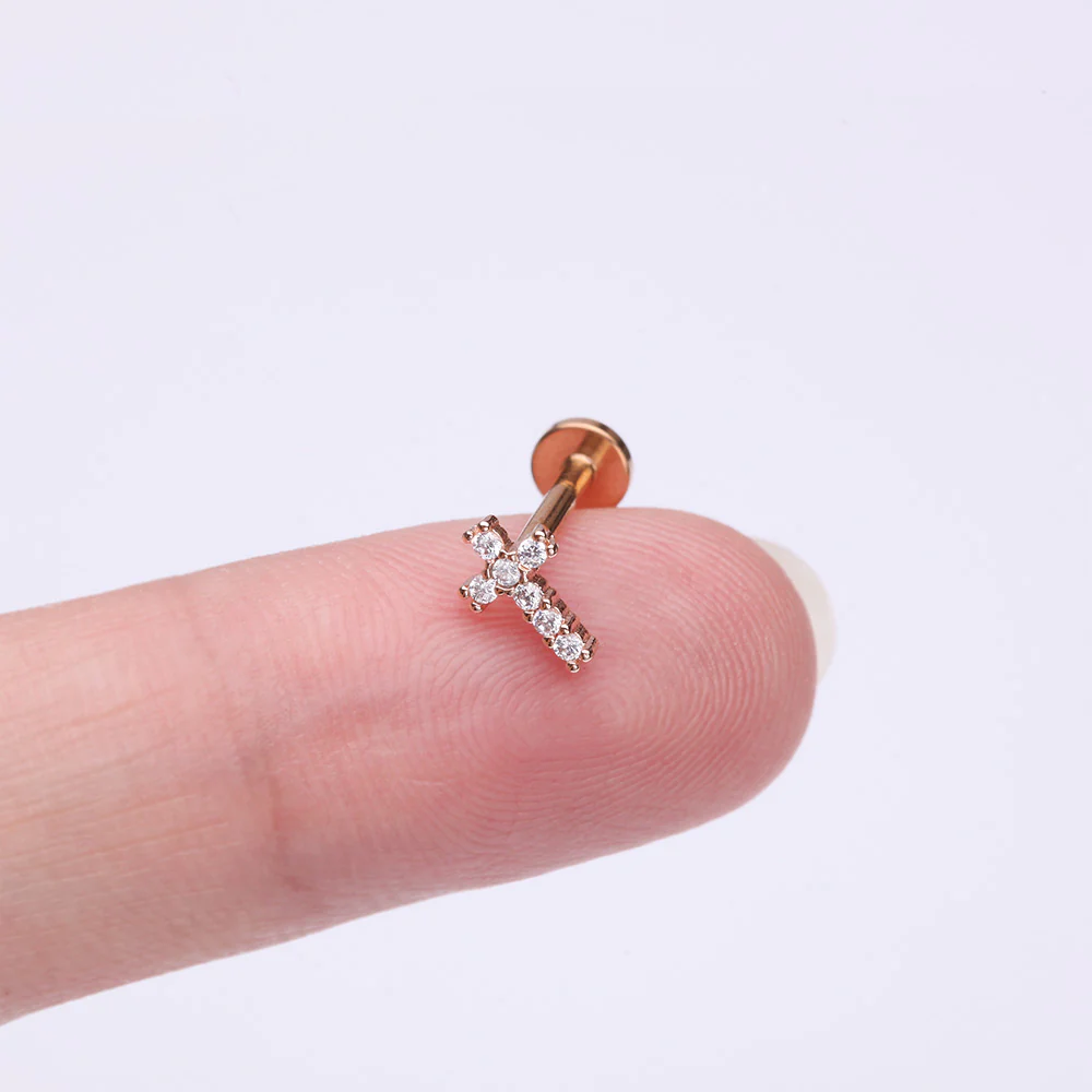 Rose Gold Holy Cross Sparkle Top Internally Threaded Steel Flat Back Stud Labret - Image 3