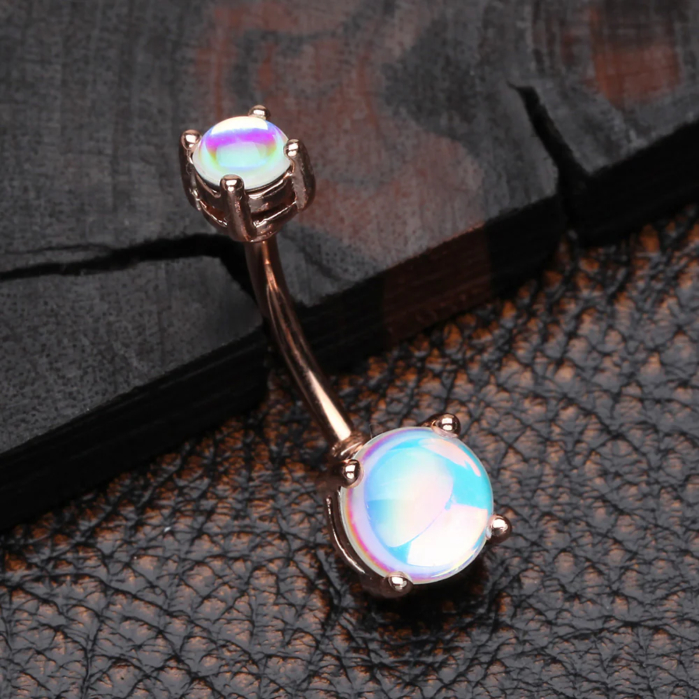 Rose Gold Iridescent Revo Sparkle Prong Set Belly Button Ring - Image 3