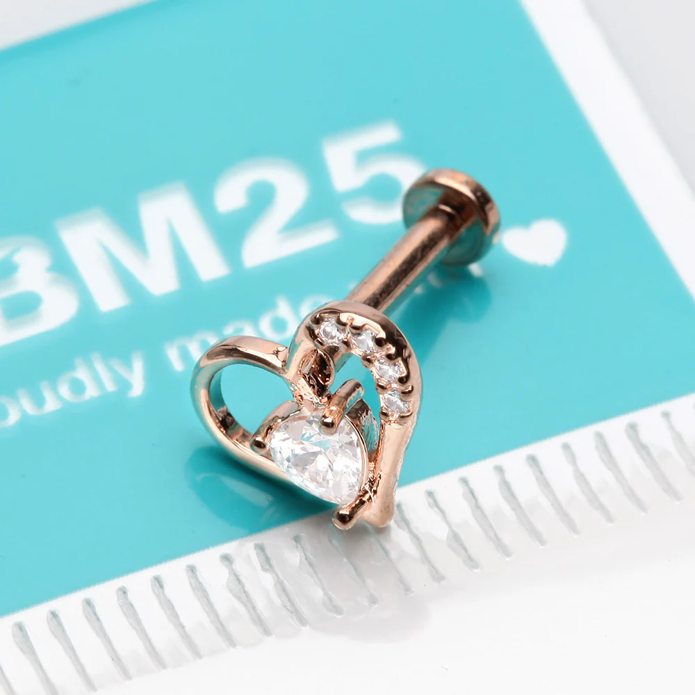 Rose Gold Journey Heart Solitaire Sparkle Internally Threaded Labret - Image 3
