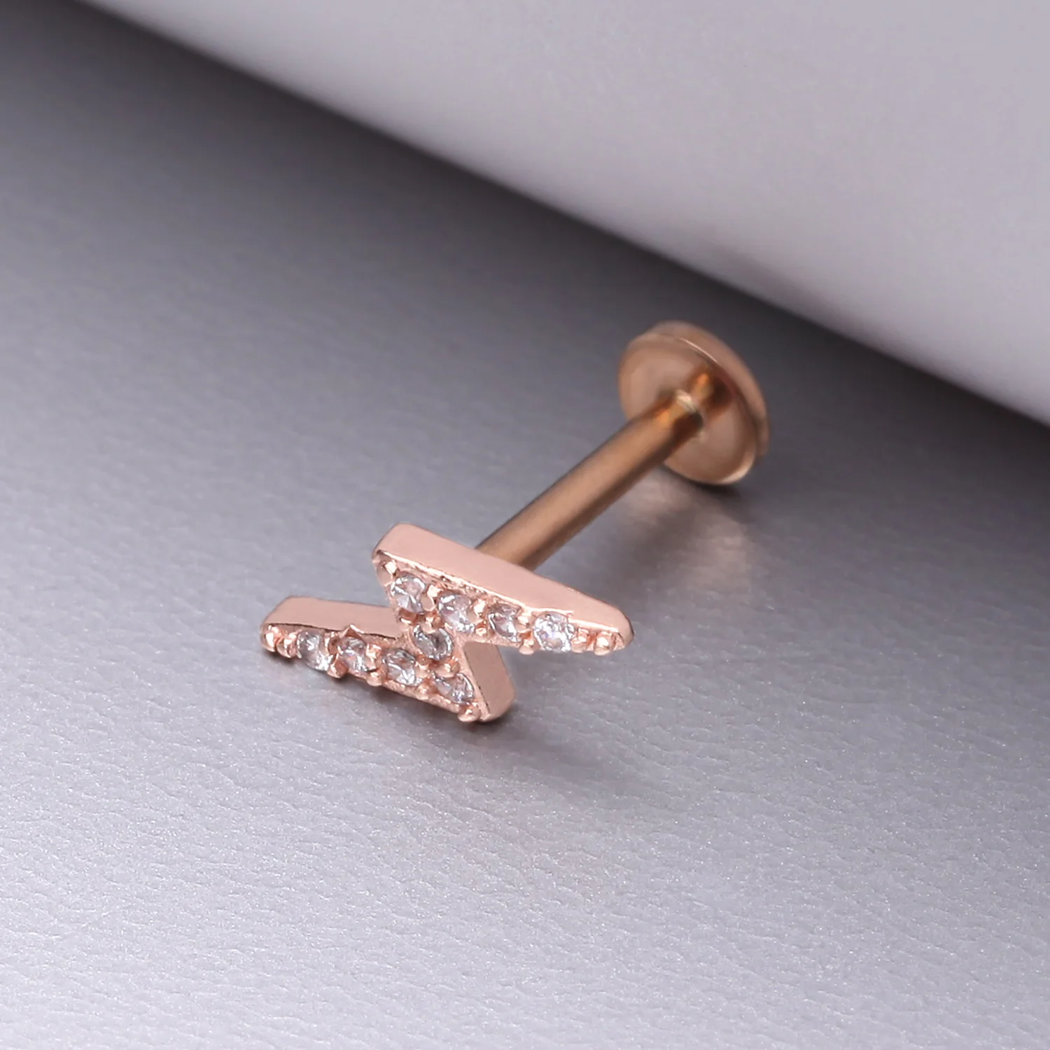 Rose Gold Lightning Bolt Sparkle Top Internally Threaded Steel Flat Back Stud Labret - Image 2