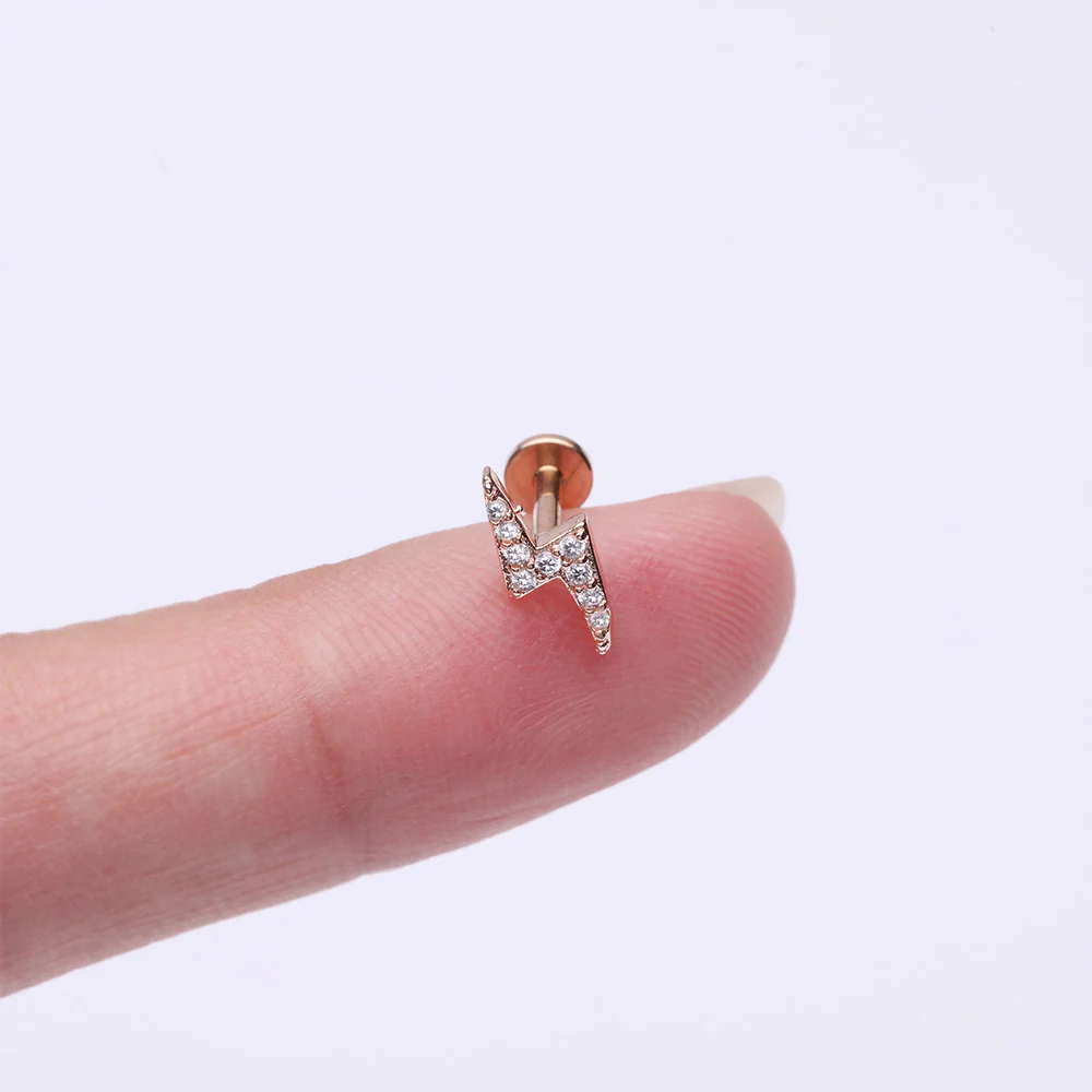 Rose Gold Lightning Bolt Sparkle Top Internally Threaded Steel Flat Back Stud Labret - Image 3