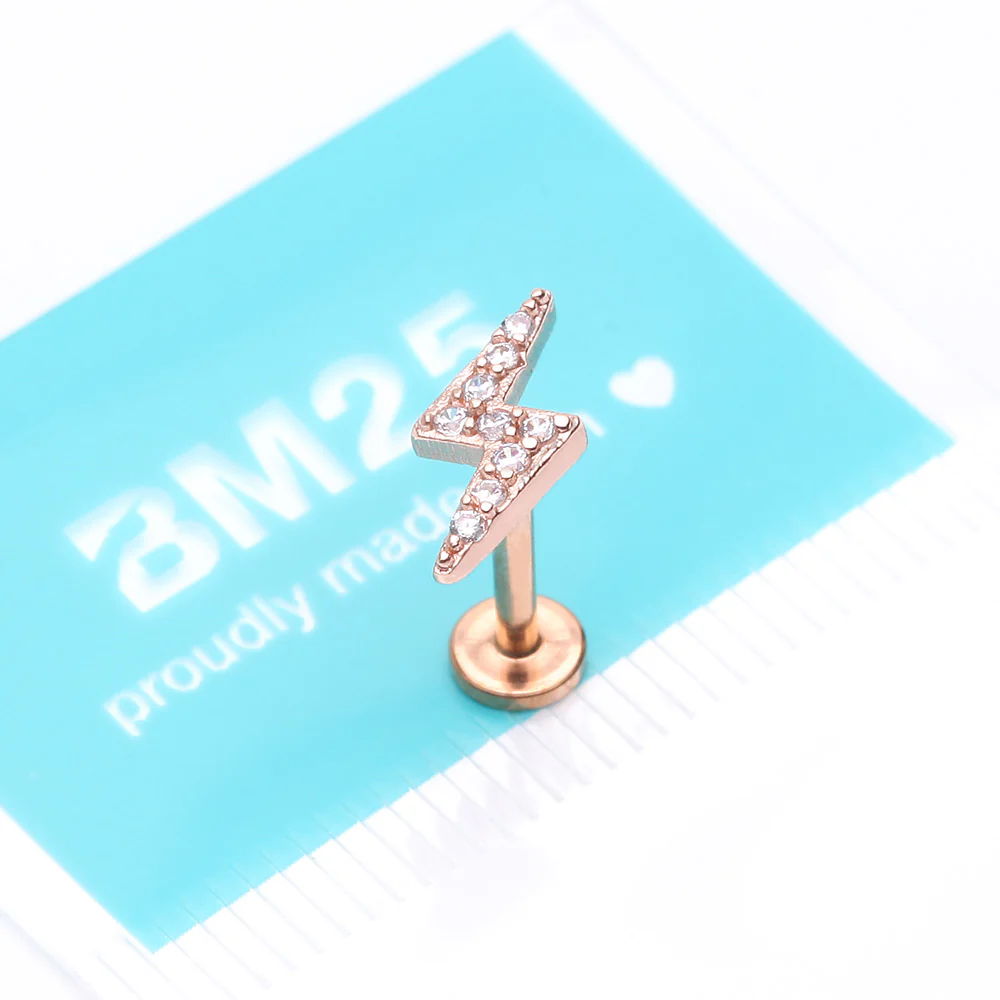 Rose Gold Lightning Bolt Sparkle Top Internally Threaded Steel Flat Back Stud Labret - Image 4