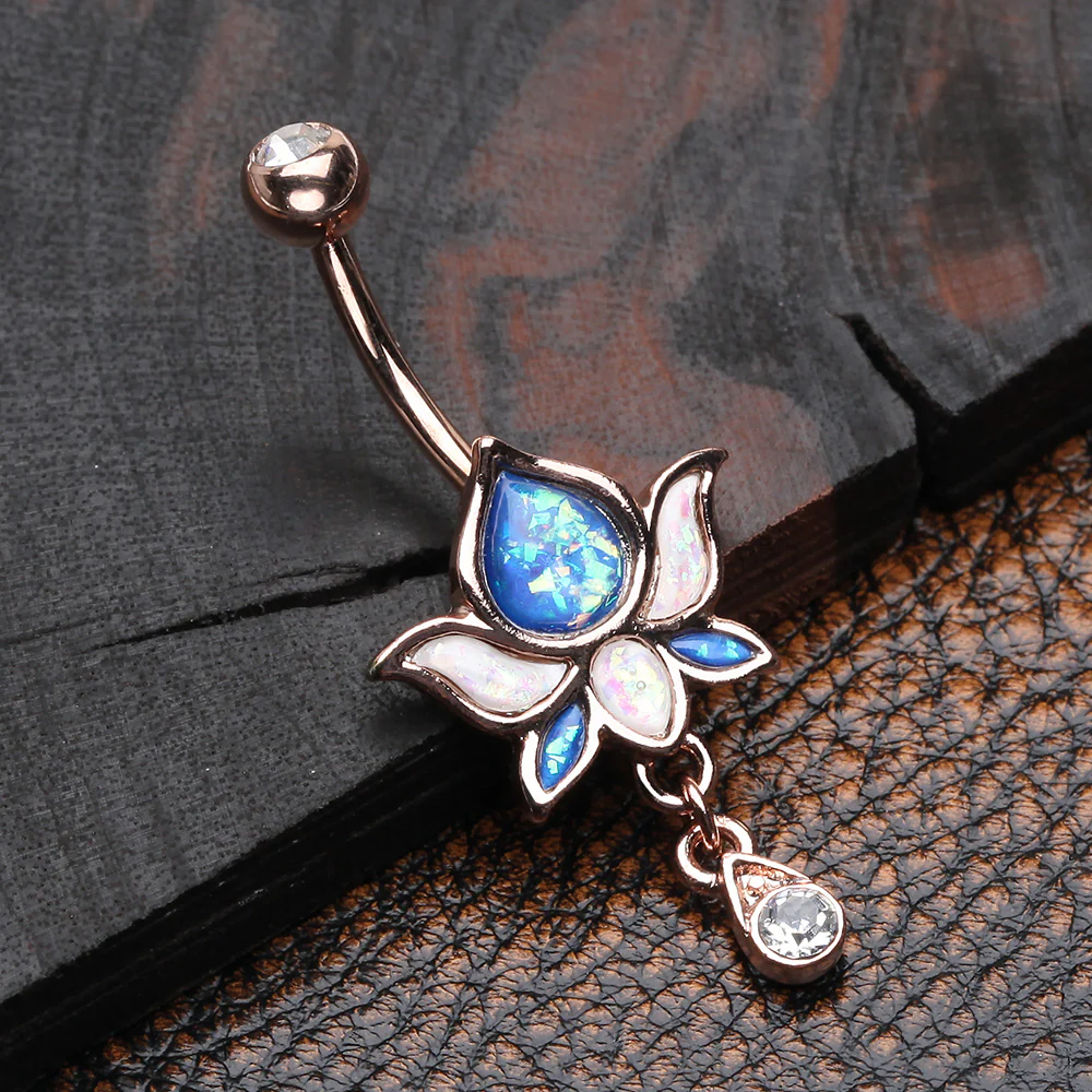 Rose Gold Lotus Zen Opalescent Sparkle Belly Button Ring - Image 3