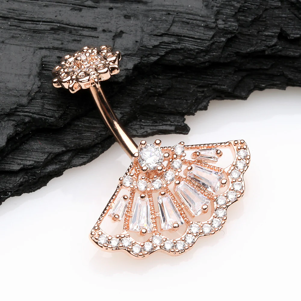Rose Gold Majestic Fan Brilliant Sparkle Internally Threaded Belly Button Ring - Image 3