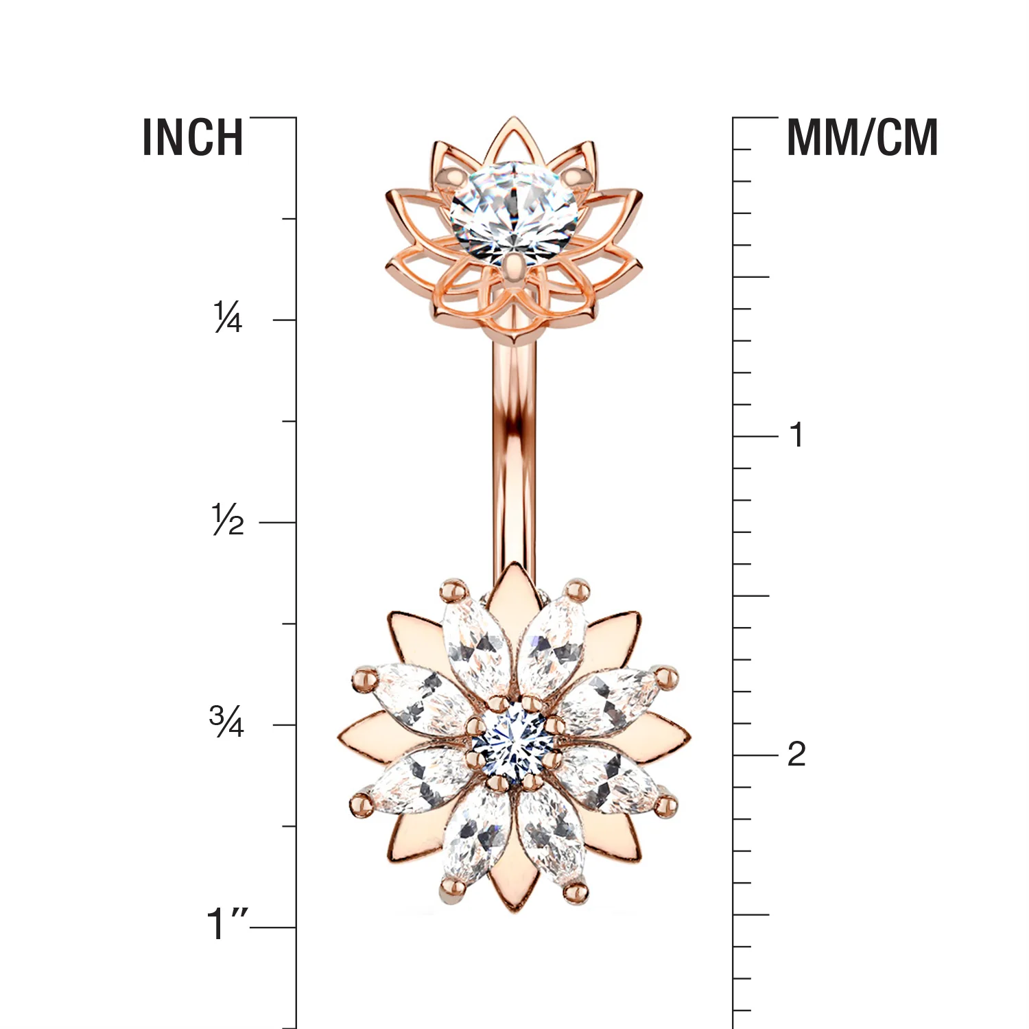 Rose Gold Marquise Sparkle Flower Internally Threaded Belly Button Ring - Image 2