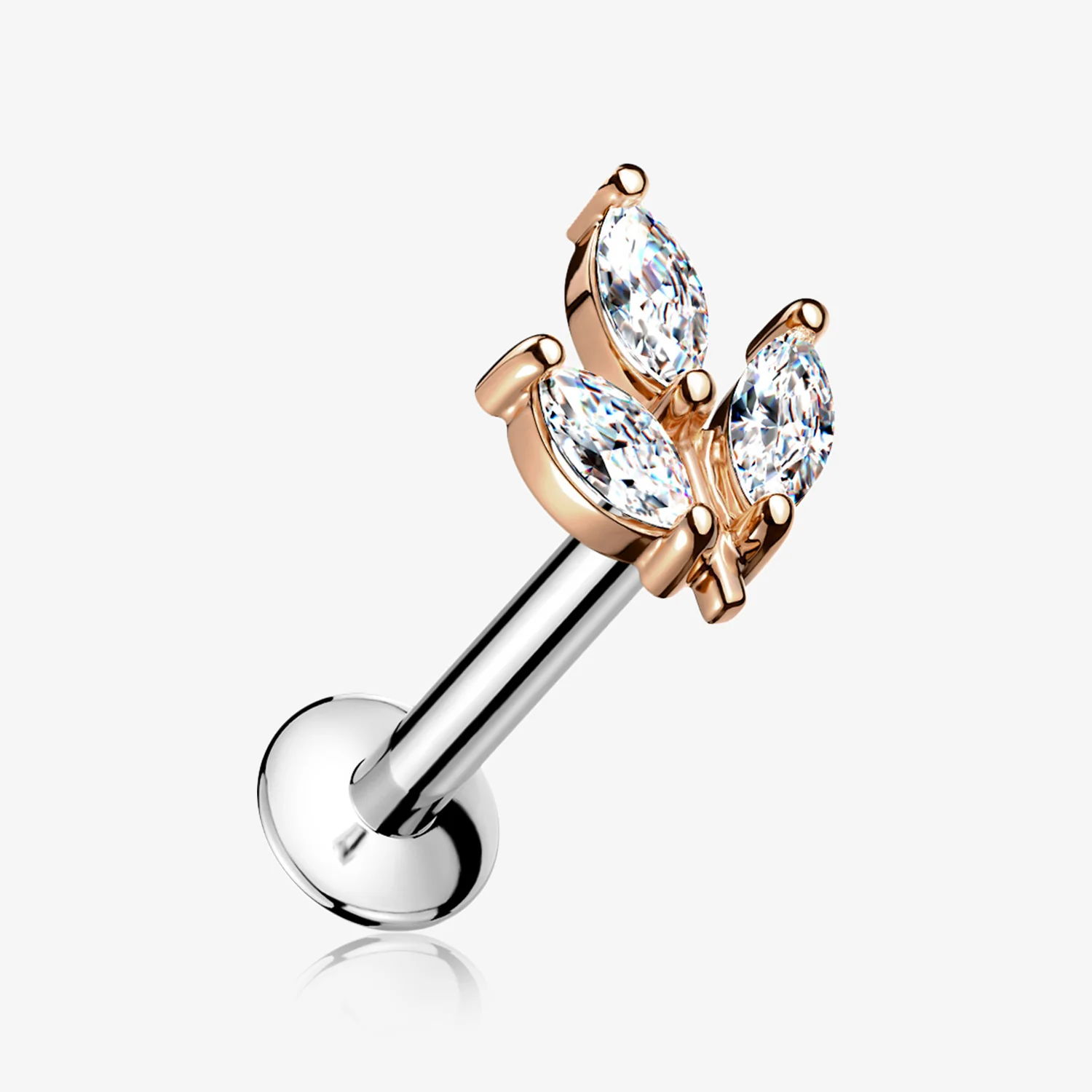 Rose Gold Marquise Sparkle Leaf Top Threadless Push-In Steel Labret