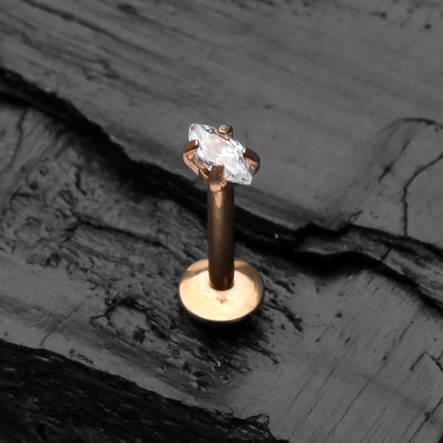 Rose Gold Marquise Sparkle Prong Set Gem Top Internally Threaded Steel Labret - Image 2
