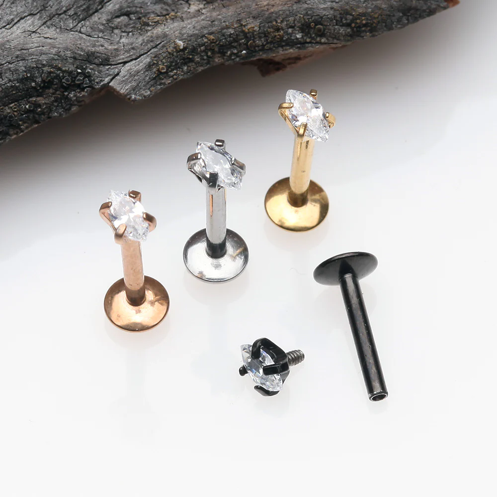 Rose Gold Marquise Sparkle Prong Set Gem Top Internally Threaded Steel Labret - Image 3