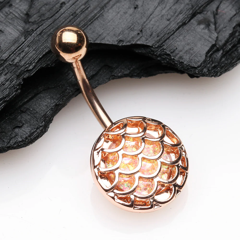 Rose Gold Mermaid Scale Opalescent Sparkle Encased Belly Button Ring - Image 3