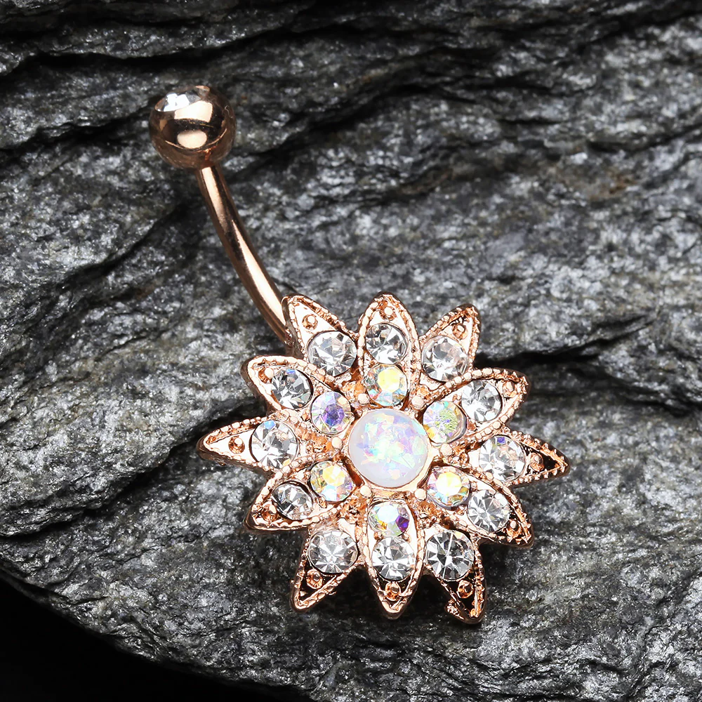Rose Gold Opal Chrysanthemum Flower Belly Button Ring - Image 3