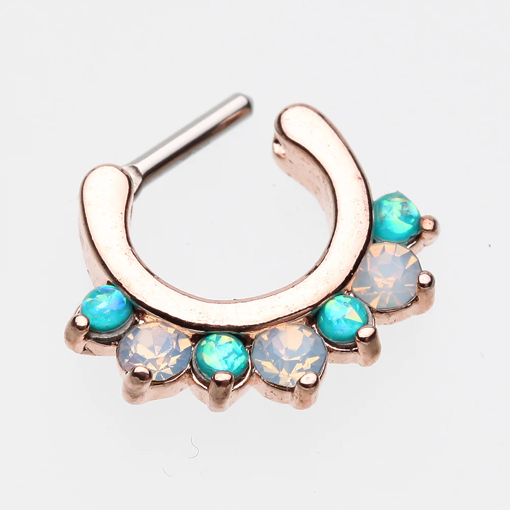 Rose Gold Opal Sparkle Deuce Septum Clicker Ring - Image 4