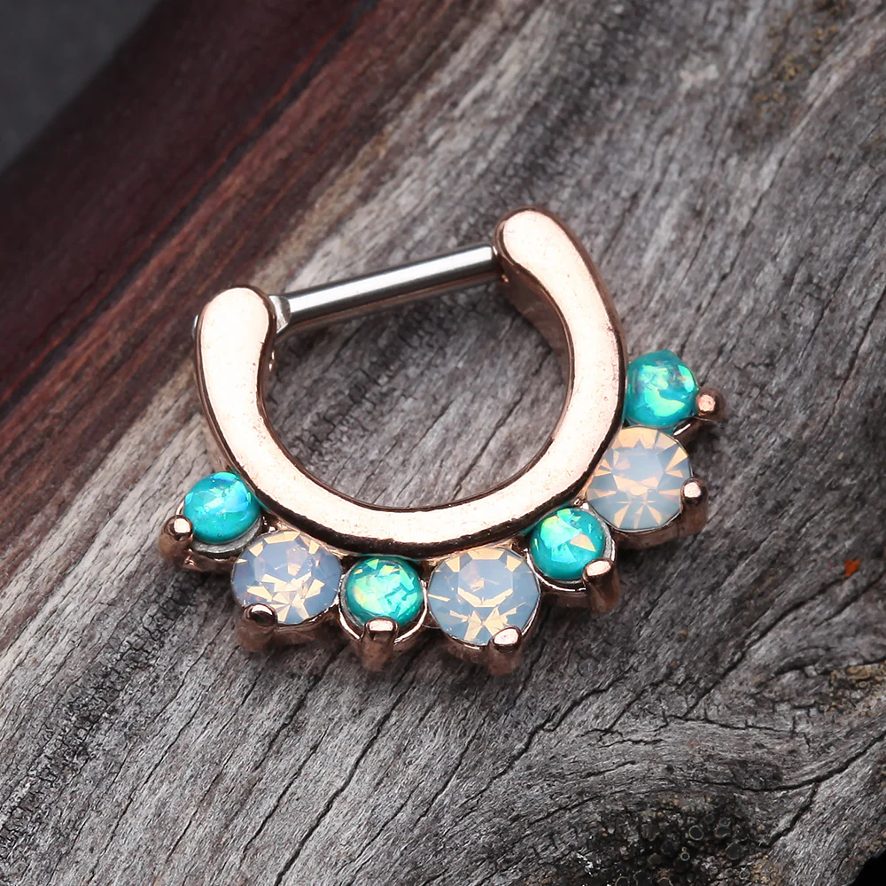 Rose Gold Opal Sparkle Deuce Septum Clicker Ring - Image 5