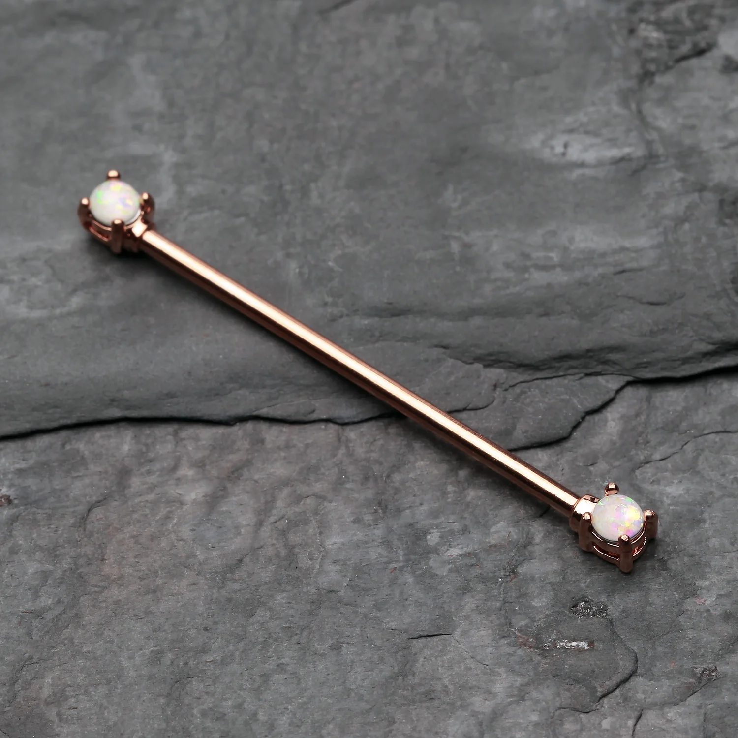 Rose Gold Opal Sparkle Prong Industrial Barbell - Image 2