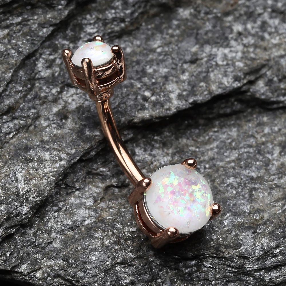 Rose Gold Opal Sparkle Prong Set Belly Button Ring - Image 3