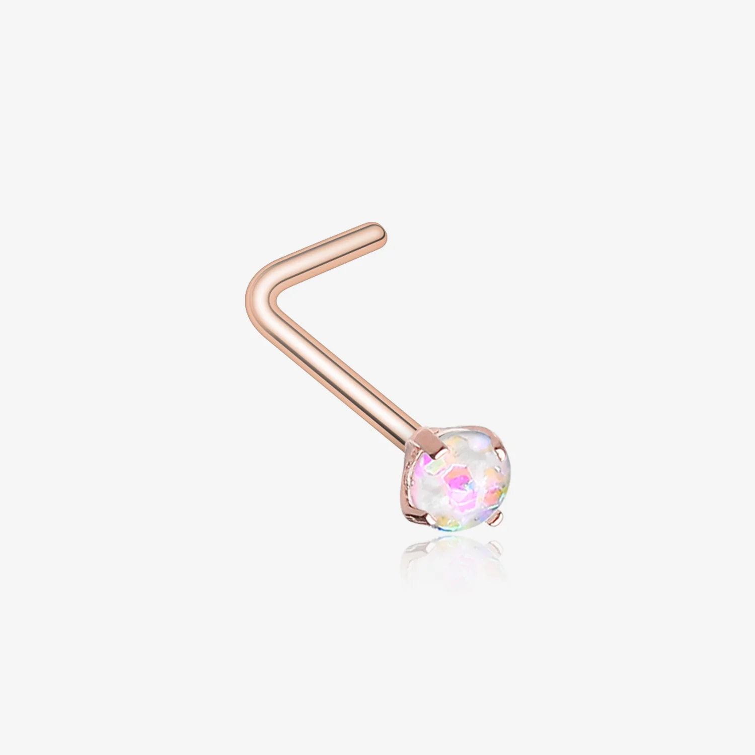 Rose Gold Opal Sparkle Prong Set L-Shaped Nose Ring