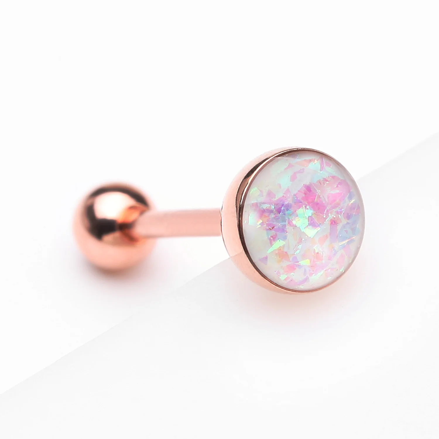 Rose Gold Opalescent Sparkle Barbell Tongue Ring - Image 2