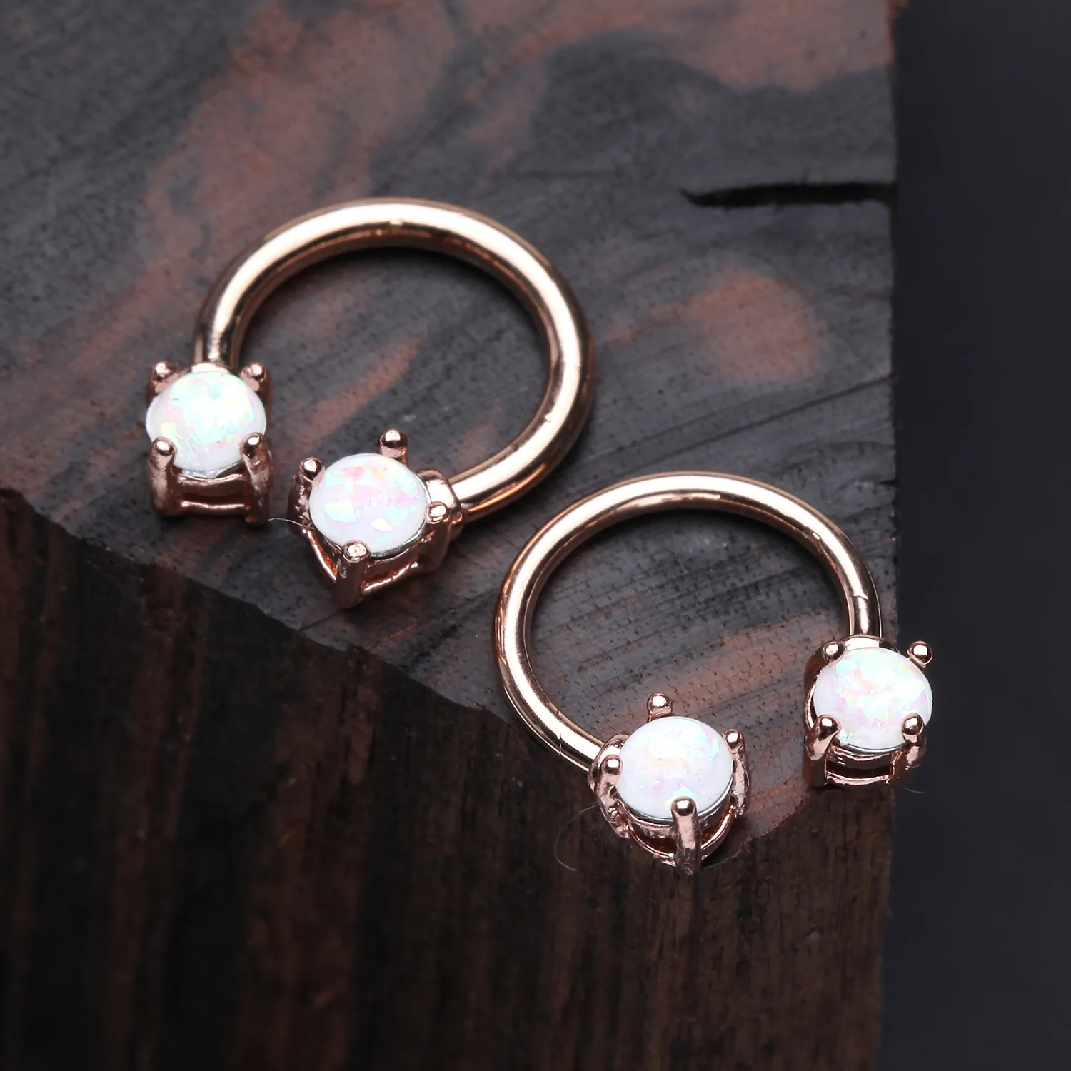 Rose Gold Opalescent Sparkle Prong Horseshoe Circular Barbell - Image 2