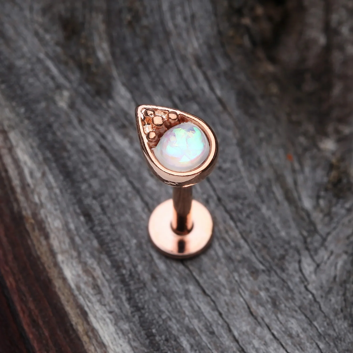 Rose Gold Opalescent Teardrop Top Steel Labret - Image 2