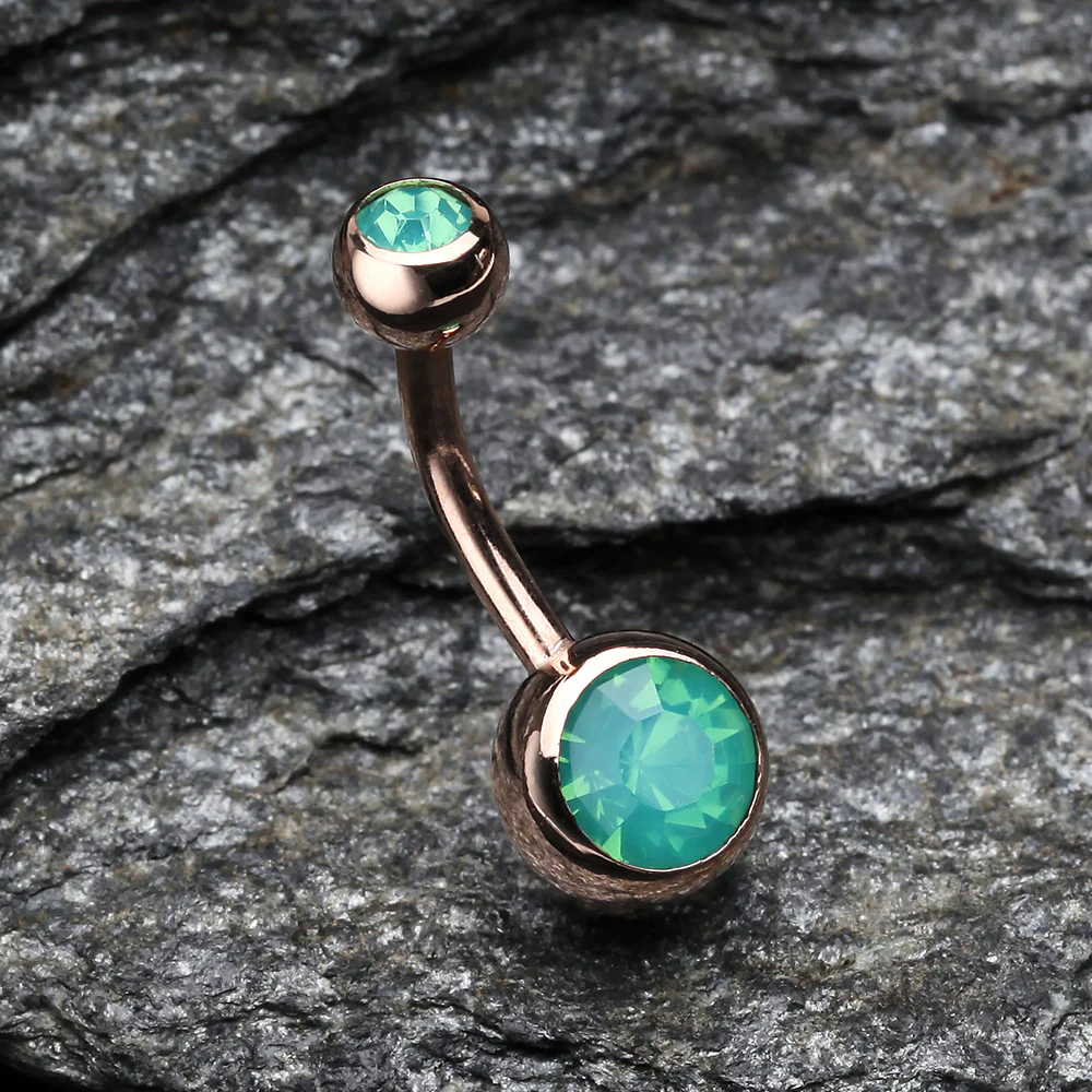 Rose Gold Opalite Double Gem Ball Steel Belly Button Ring - Image 3