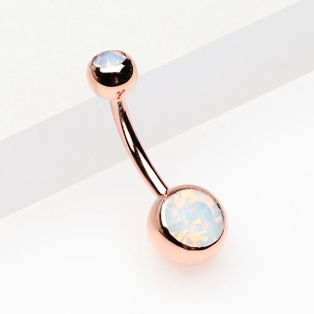 Rose Gold Opalite Double Gem Ball Steel Belly Button Ring - Image 3
