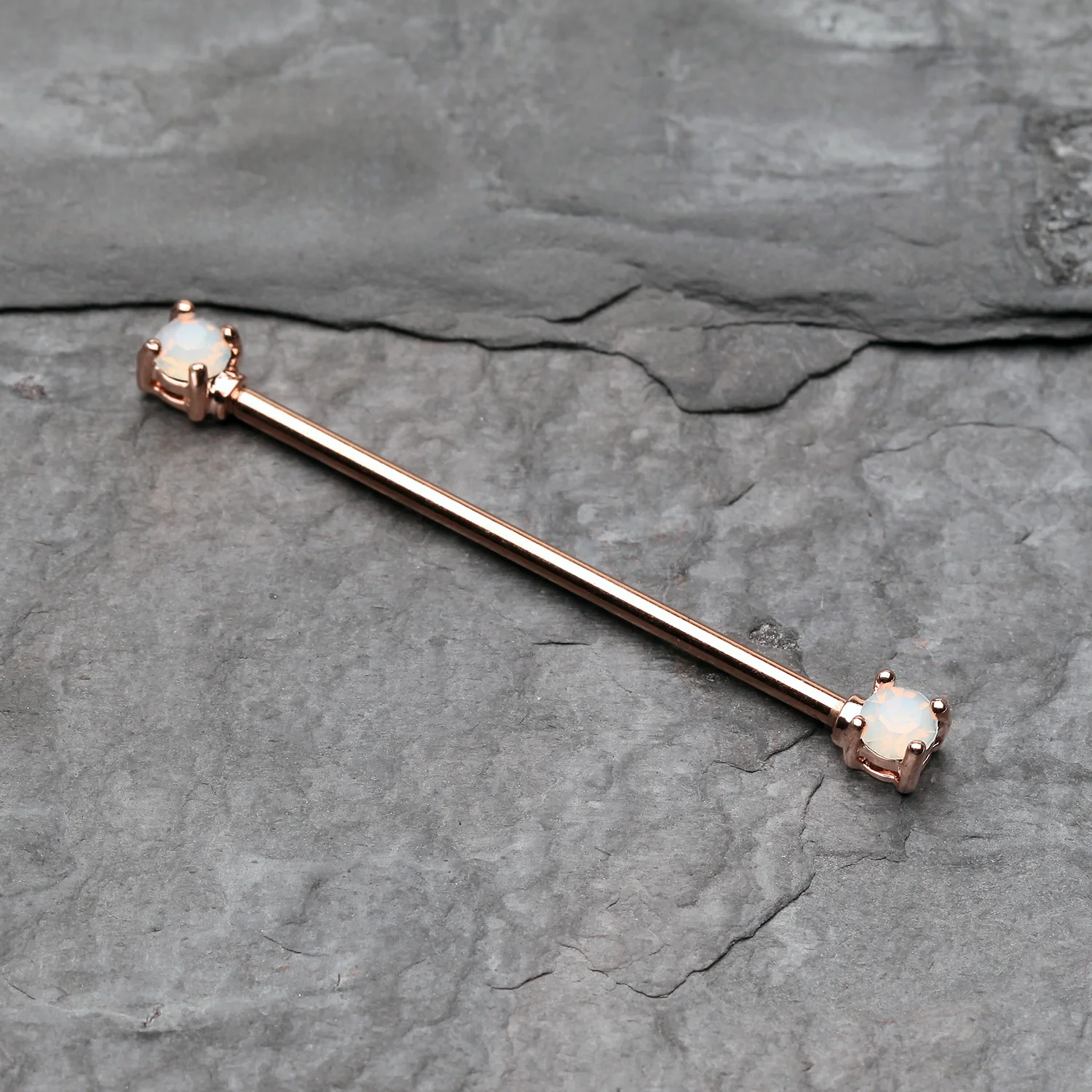 Rose Gold Opalite Gem Prong Industrial Barbell - Image 2