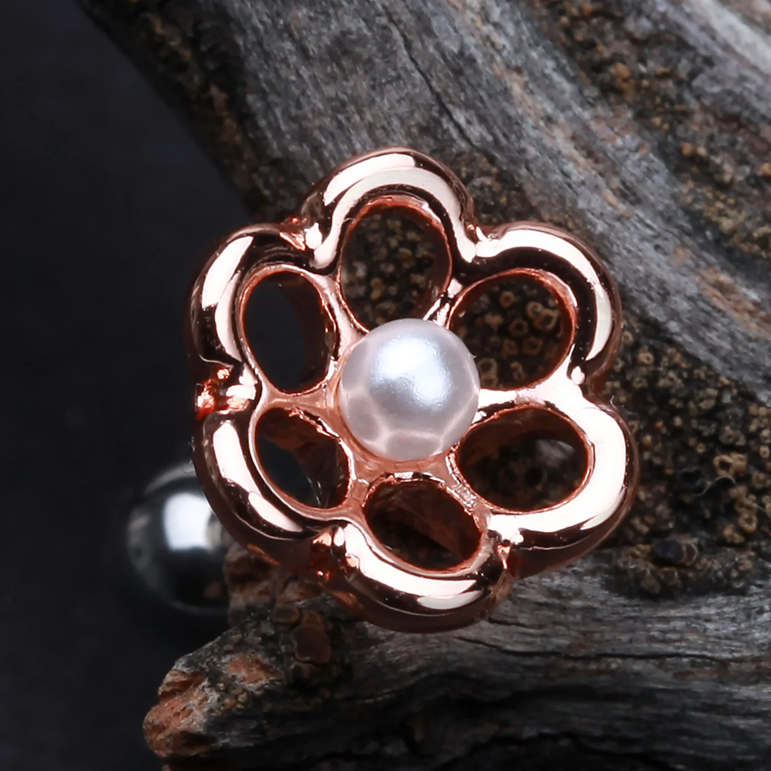 Rose Gold Pearl Flower Cartilage Tragus Earring - Image 2