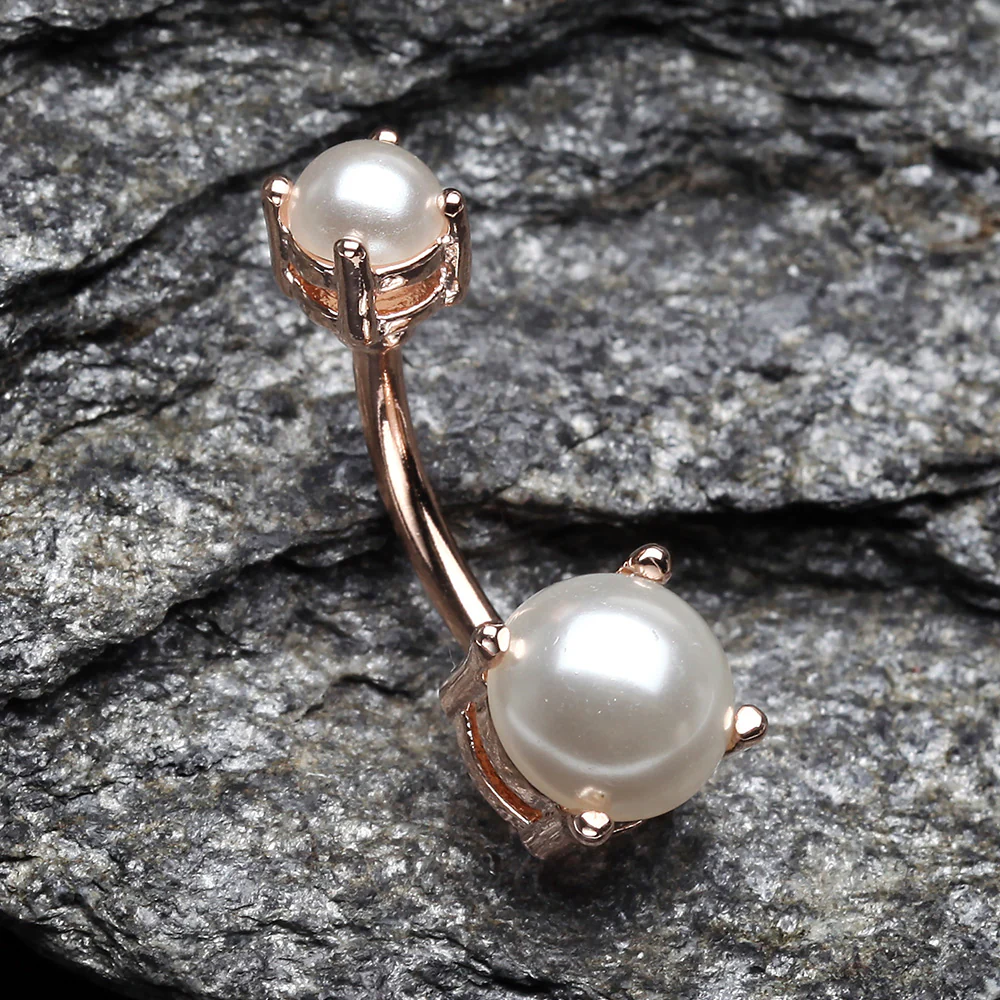 Rose Gold Pearlescent Shine Prong Set Belly Button Ring - Image 3