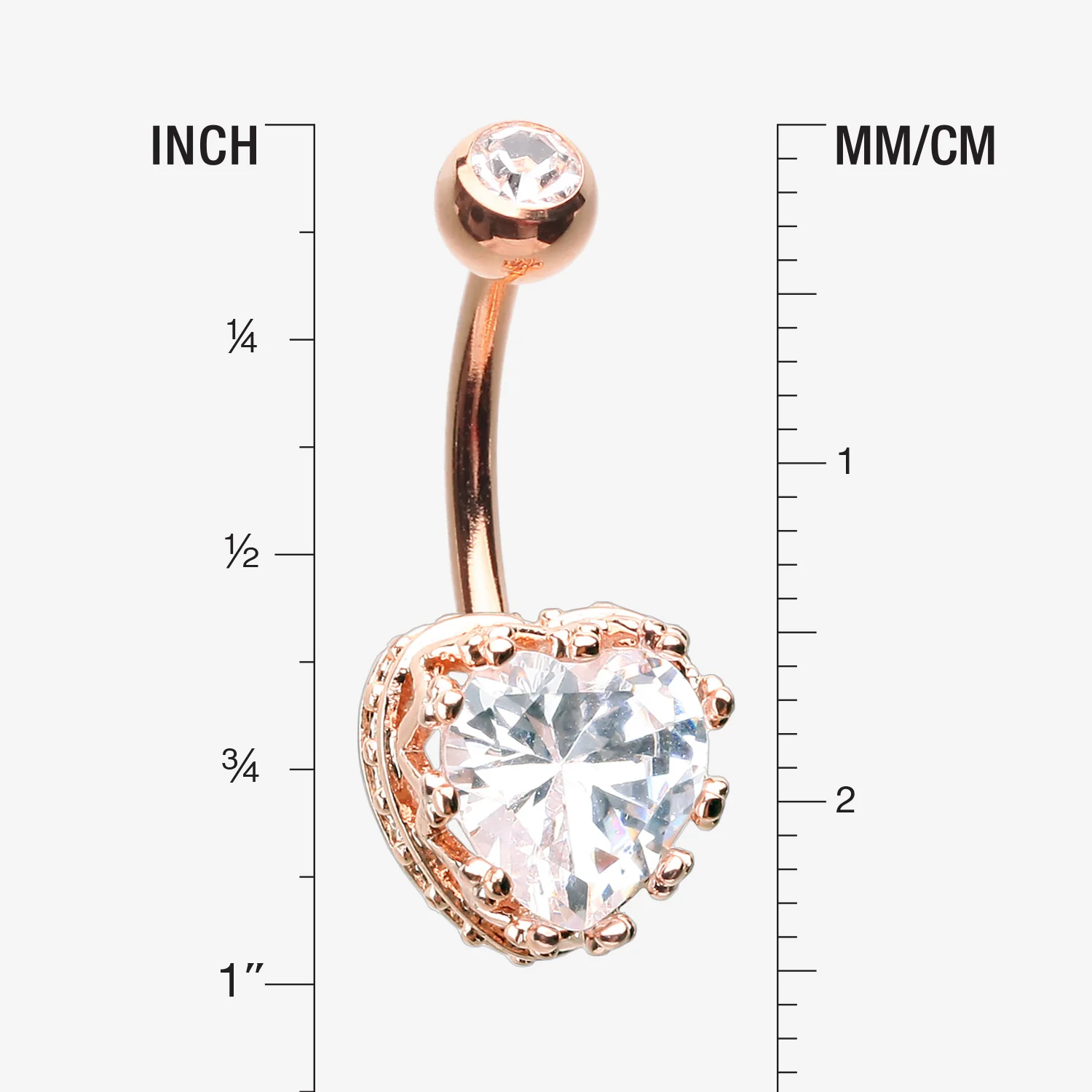 Rose Gold Princess Crown Prong Heart Sparkle Belly Button Ring - Image 2