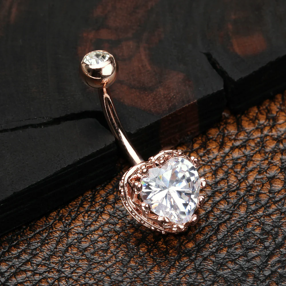 Rose Gold Princess Crown Prong Heart Sparkle Belly Button Ring - Image 3