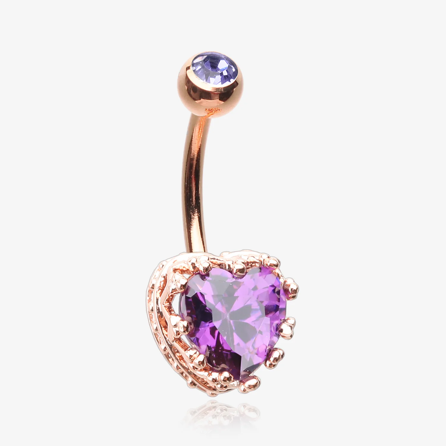 Rose Gold Princess Crown Prong Heart Sparkle Belly Button Ring