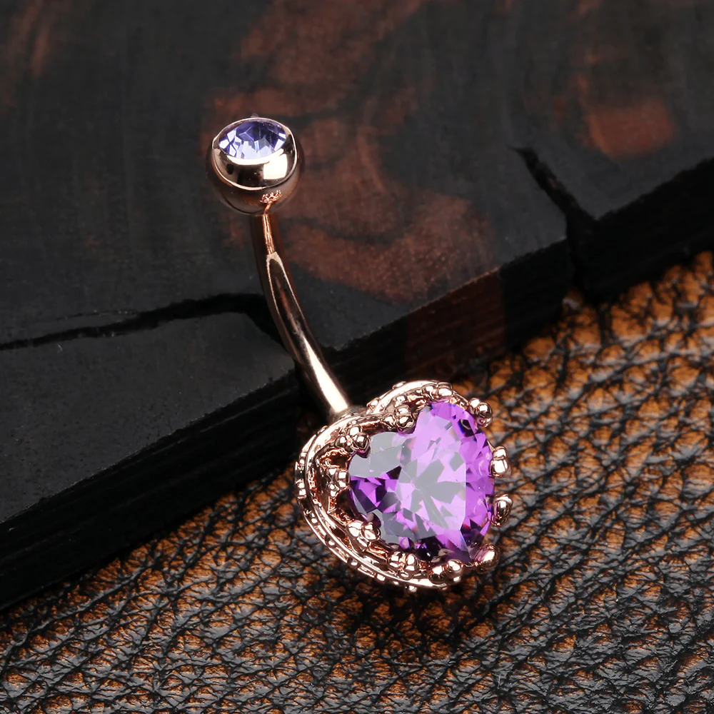 Rose Gold Princess Crown Prong Heart Sparkle Belly Button Ring - Image 3