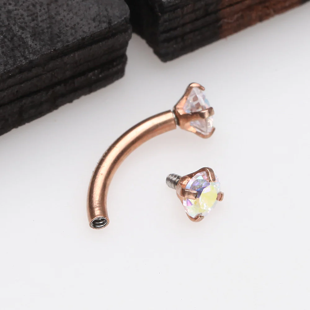 Rose Gold Prong Set Gem Sparkles Internally Threaded Curved Barbell - Image 3