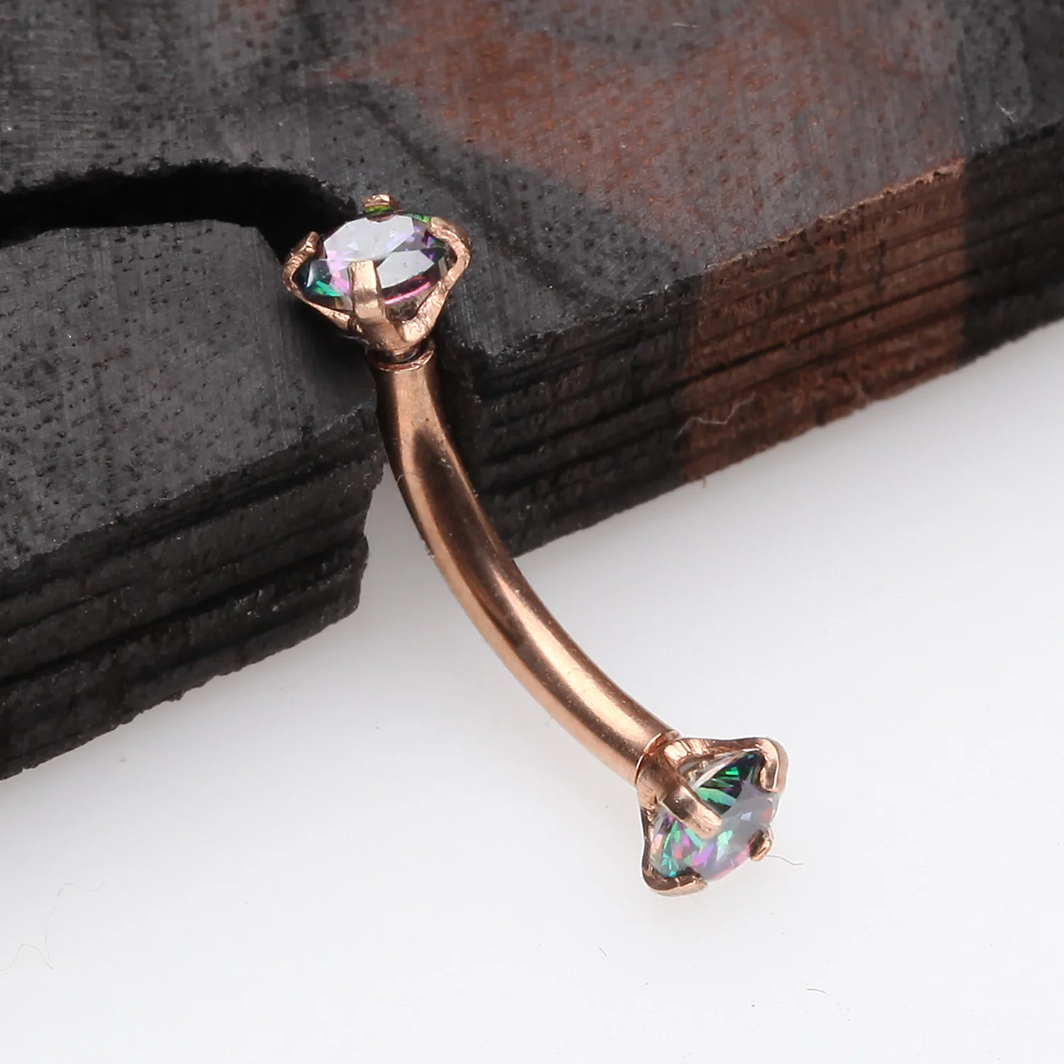 Rose Gold Prong Set Gem Sparkles Internally Threaded Curved Barbell - Image 2