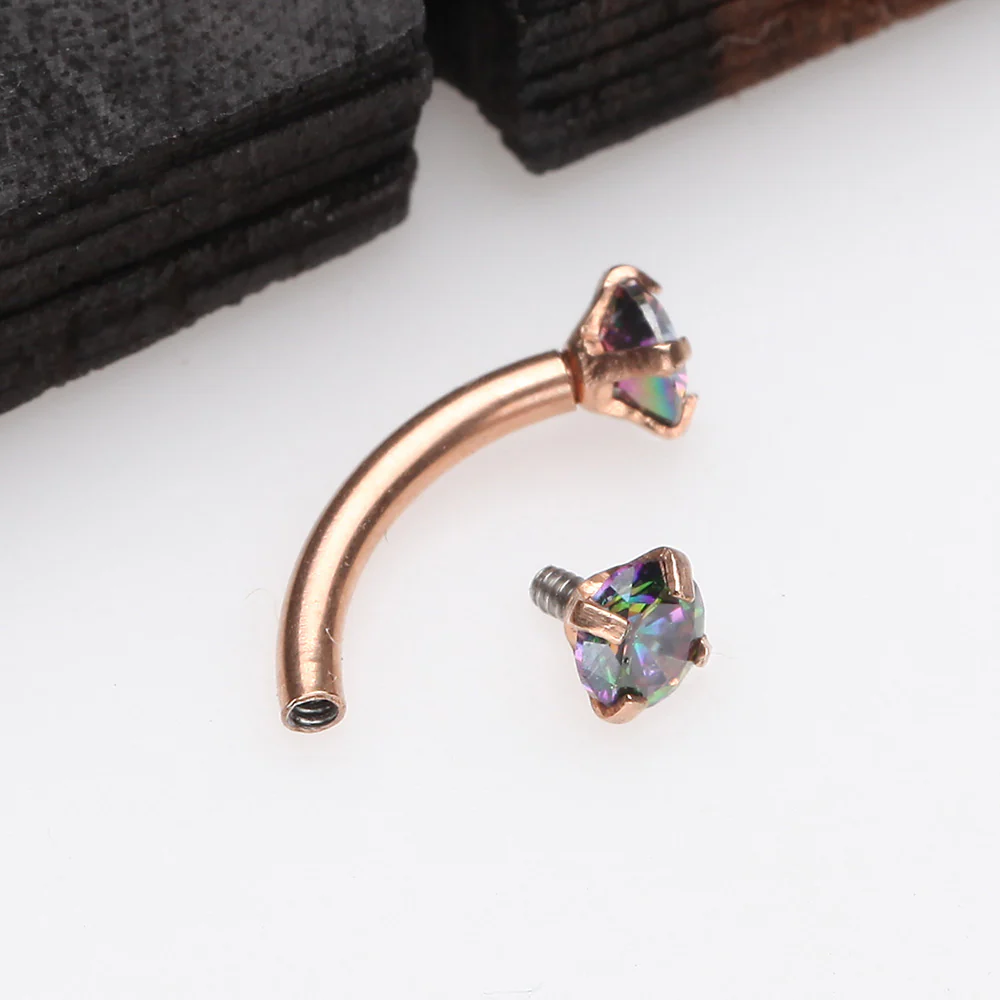 Rose Gold Prong Set Gem Sparkles Internally Threaded Curved Barbell - Image 3