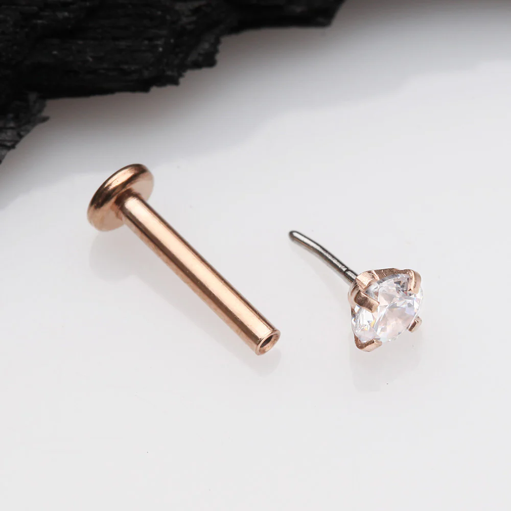 Rose Gold Prong Set Gem Top Threadless Push-In Steel Labret - Image 3