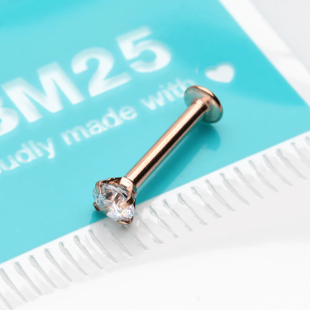 Rose Gold Prong Set Gem Top Threadless Push-In Steel Labret - Image 4