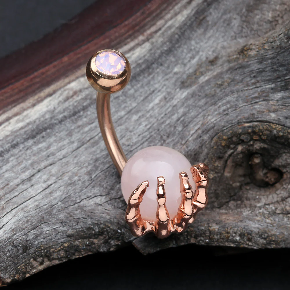 Rose Gold Rose Quartz Stone Orb Shine Skeleton Hand Belly Button Ring - Image 3