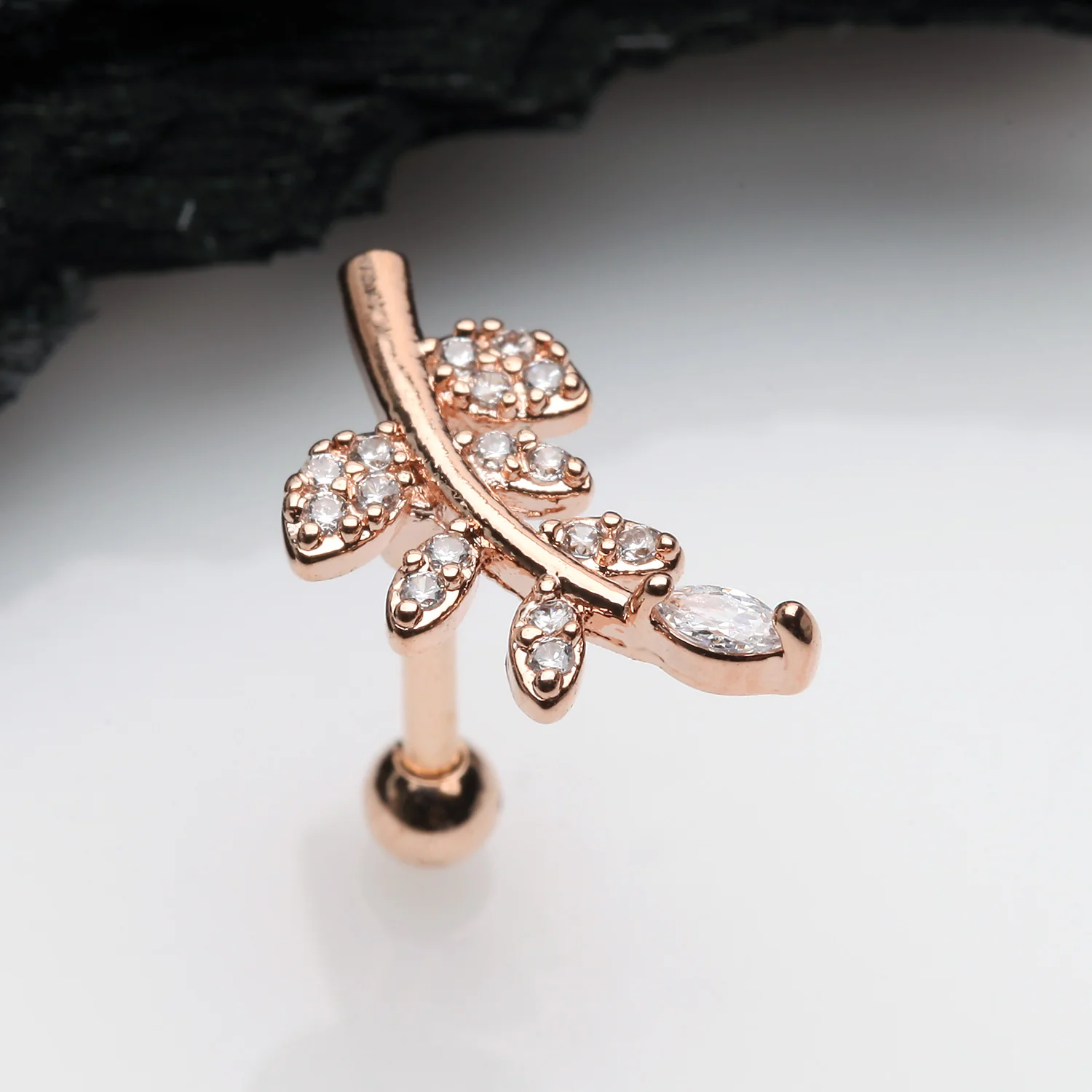 Rose Gold Sparkle Autumn Leaf Cartilage Tragus Barbell Earring - Image 2
