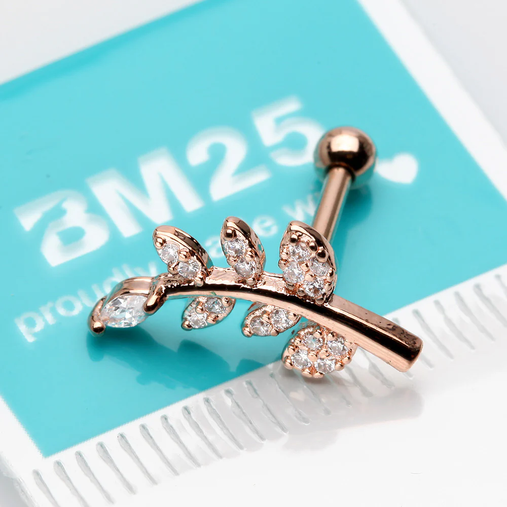 Rose Gold Sparkle Autumn Leaf Cartilage Tragus Barbell Earring - Image 3