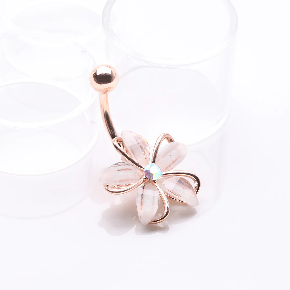 Rose Gold Sparkle Frosted Flower Shimmer Belly Button Ring - Image 3