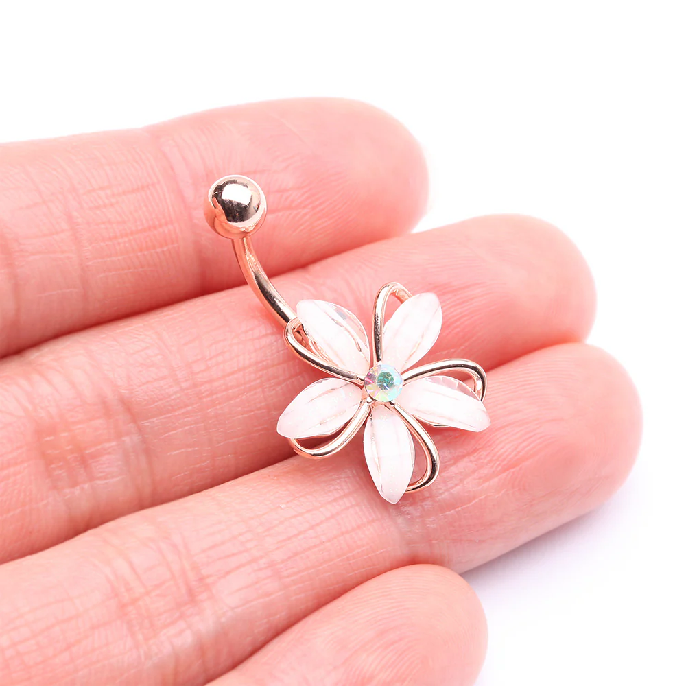 Rose Gold Sparkle Frosted Flower Shimmer Belly Button Ring - Image 4
