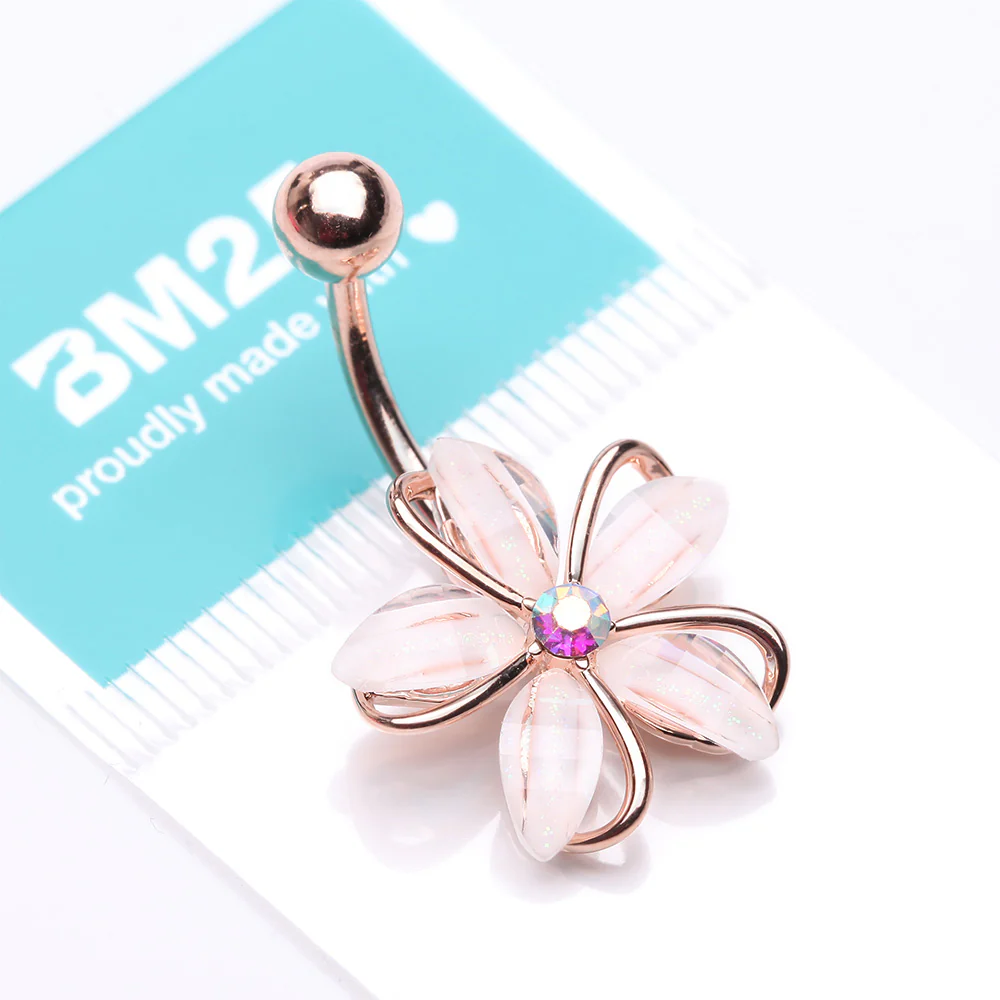 Rose Gold Sparkle Frosted Flower Shimmer Belly Button Ring - Image 5