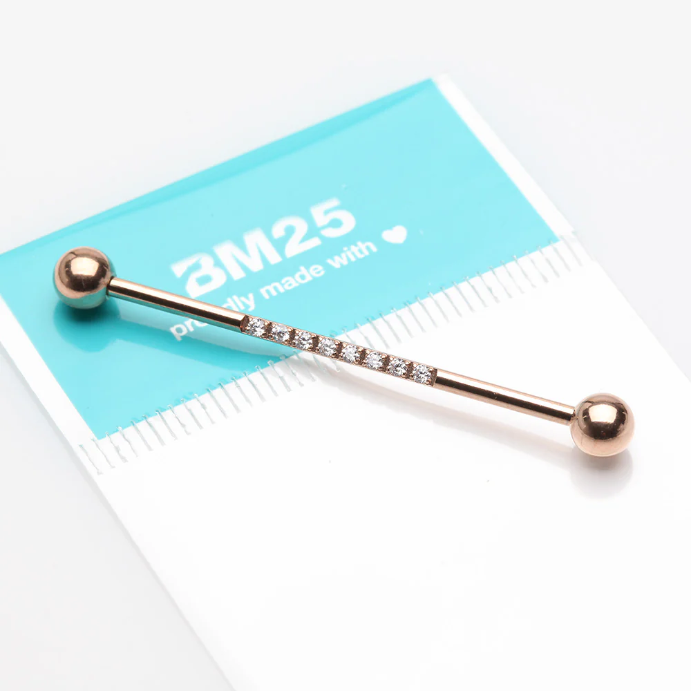 Rose Gold Sparkle Lined Gems Industrial Barbell - Image 3